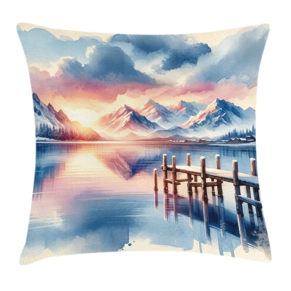 Ambesonne Lake Throw Pillow Cushion Cover, Pastel Sunset Serene Pier View, 36" X 36", Peach Blush Ceil Blue