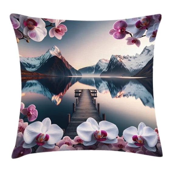 Ambesonne Lake Throw Pillow Cushion Cover, Peaceful Orchid Calm Mountains, 40" X 40", Pale Purple Petrol Blue