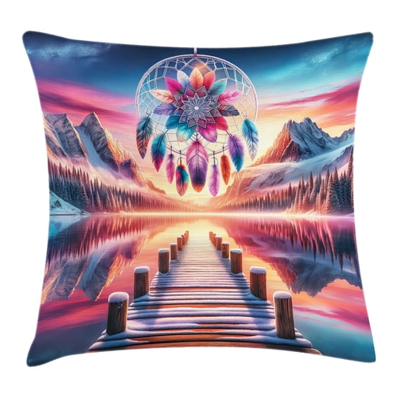 Ambesonne Lake Throw Pillow Cushion Cover, Pure Wild Mountains Feathers, 20" X 20", Pink Peach and Teal