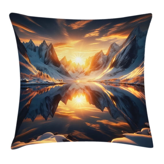 Ambesonne Lake Throw Pillow Cushion Cover, Reflection Snowy Mountain Dawn, 40" X 40", Orange and Dark Blue