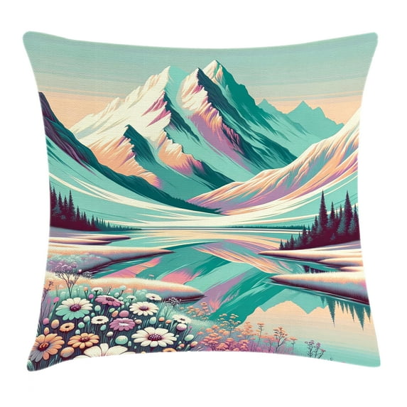 Ambesonne Lake Throw Pillow Cushion Cover, Snowy Mountain Dreamland Print, 18" X 18", Seafoam Coral Plum