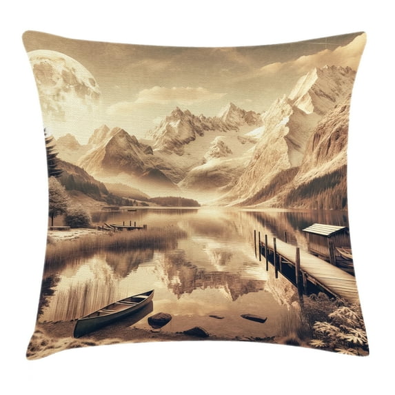 Ambesonne Lake Throw Pillow Cushion Cover, Snowy Mountains Sepia Effect, 16" X 16", Grey Yellow Warm Taupe