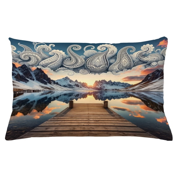 Ambesonne Lake Throw Pillow Cushion Cover, Sunset Mountains Pier Paisley, 26" X 16", Slate Blue and Peach