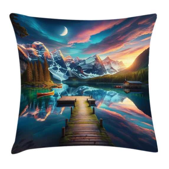 Ambesonne Lake Throw Pillow Cushion Cover, Wooden Pier Dramatic Night, 18" X 18", Coral Dark Turquoise