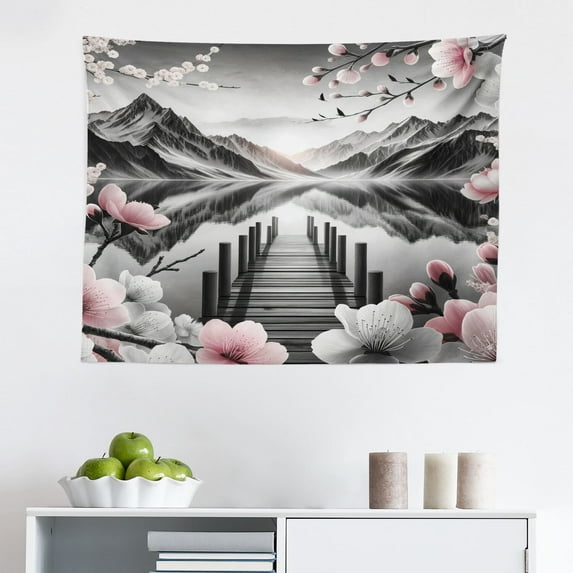 Ambesonne Lake Wall Hanging Tapestry, Cherry Blossoms and Mountains, 28"x23", Grey and Blush