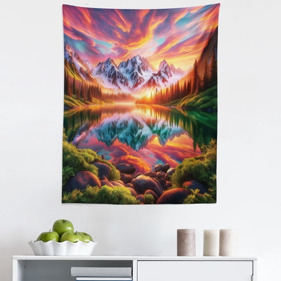 Ambesonne Lake Wall Hanging Tapestry, Colorful Mesmerizing Scenery, 23"x28", Burnt Sienna Green Teal