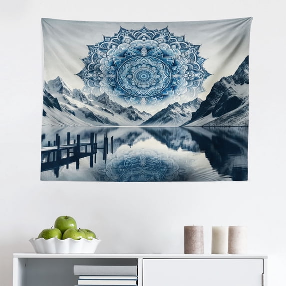 Ambesonne Lake Wall Hanging Tapestry, Ethnic Boho Mandala Mountains, 28"x23", Night Blue