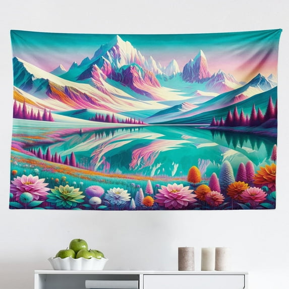 Ambesonne Lake Wall Hanging Tapestry, Flowery Meadow Mountain Scene, 45"x30", Teal Pastel Pink Indigo
