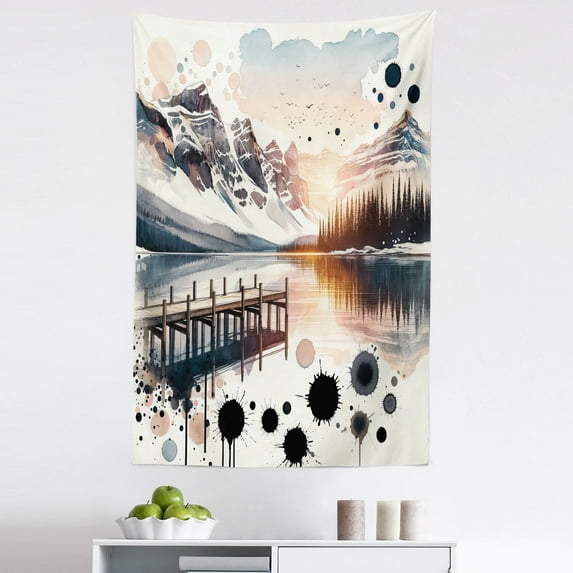 Ambesonne Lake Wall Hanging Tapestry, Mountain and Paint Splatter, 30"x45", Peach and Pale Slate Blue