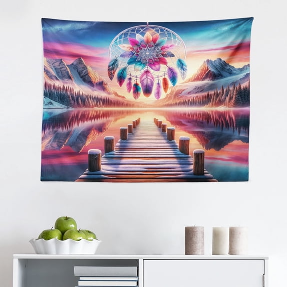 Ambesonne Lake Wall Hanging Tapestry, Pure Wild Mountains Feathers, 28"x23", Pink Peach and Teal