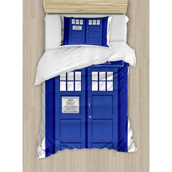 Ambesonne Landmark Duvet Cover Sets, Blue Brit Phone Box, 2-Twin, Blue and White
