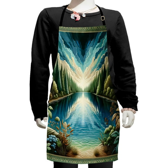 Ambesonne Landscape Apron with Adjustable Ties, River and Forest Symmetry, Small, Green Blue