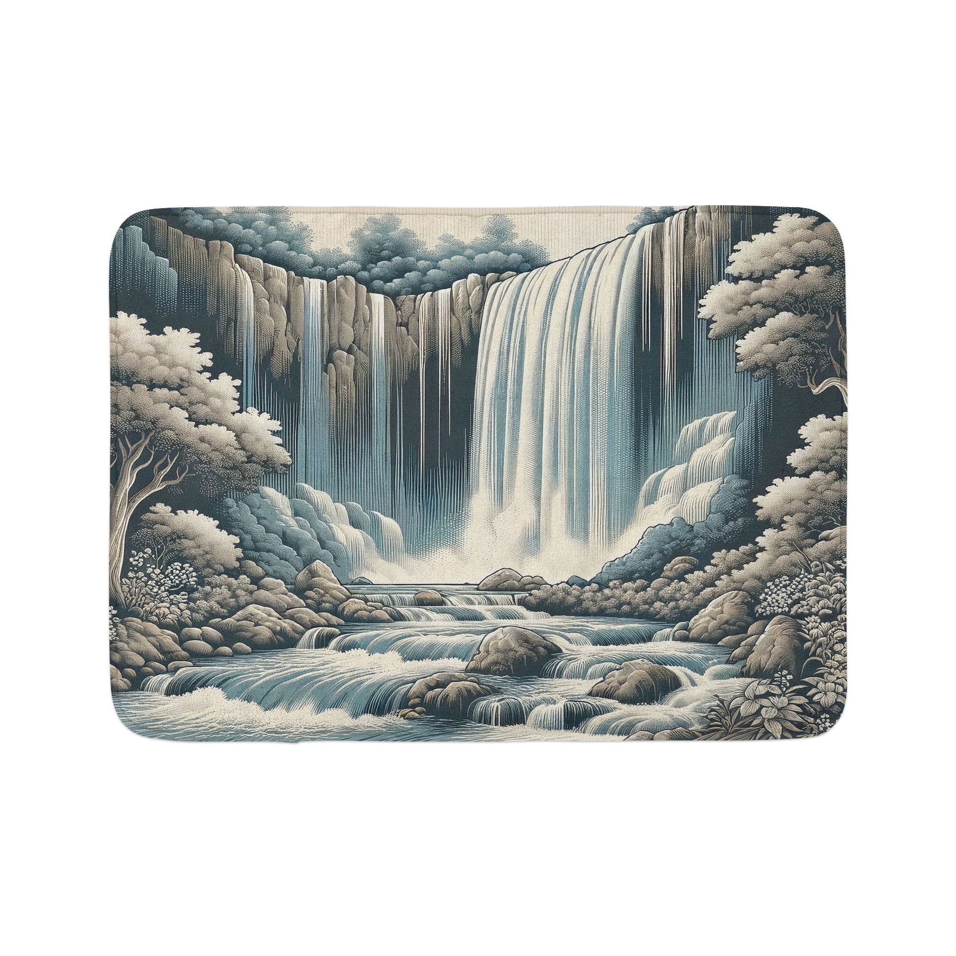 Blue Grey Sepia Waterfall Art Polyester Bath Mat