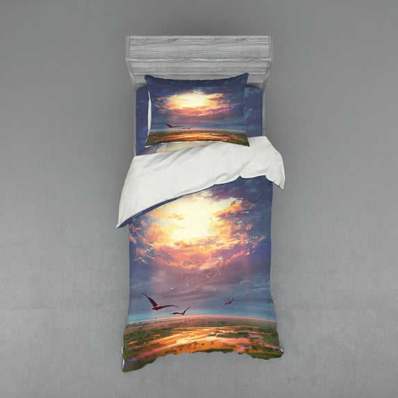 Ambesonne Landscape Bedding Set 3 Pcs, Beaming Sun Clouds, Twin XL, Blue Orange