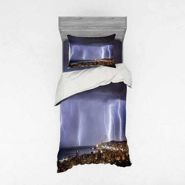 Ambesonne Landscape Bedding Set 3 Pcs, Dark Stormy Night, Twin, Multicolor