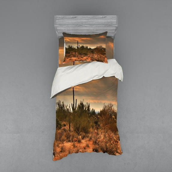 Ambesonne Landscape Bedding Set 3 Pcs, Dramatic Shady Desert, Twin, Orange Green