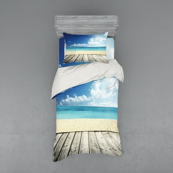 Ambesonne Landscape Bedding Set 3 Pcs, Exotic Ocean Nautical, Twin, Cream Turquoise White