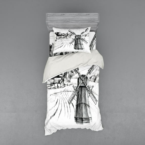 Ambesonne Landscape Bedding Set 3 Pcs, Farm Town Houses Mill, Twin XL, Black White