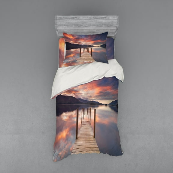 Ambesonne Landscape Bedding Set 3 Pcs, Flooded Jetty England, Twin, Coral Purplegrey