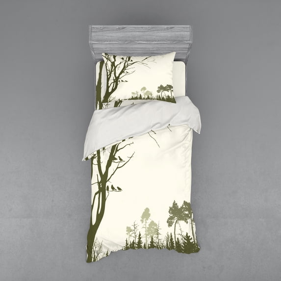 Ambesonne Landscape Bedding Set 3 Pcs, Forest Birds on Tree, Twin XL, Olive Green Cream