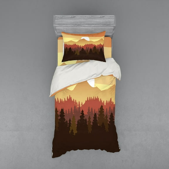 Ambesonne Landscape Bedding Set 3 Pcs, Forest Mountains Scene, Twin XL, Multicolor