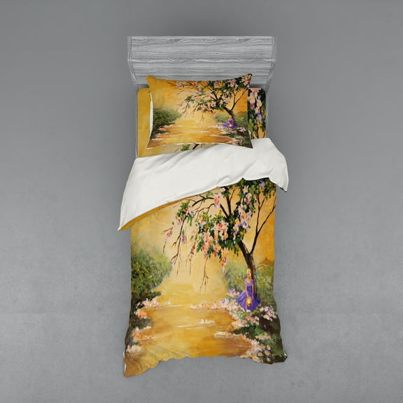 Ambesonne Landscape Bedding Set 3 Pcs, Girl near River Tree, Twin XL, Multicolor