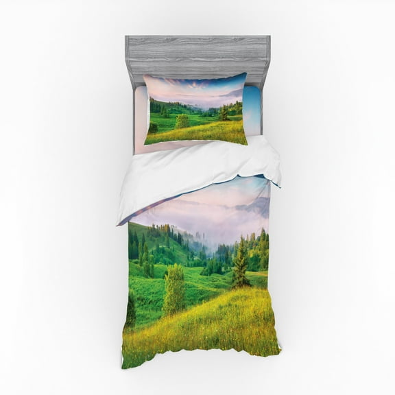 Ambesonne Landscape Bedding Set 3 Pcs, Idyllic Meadow View Scene, Twin XL, Lilac Yellow Green