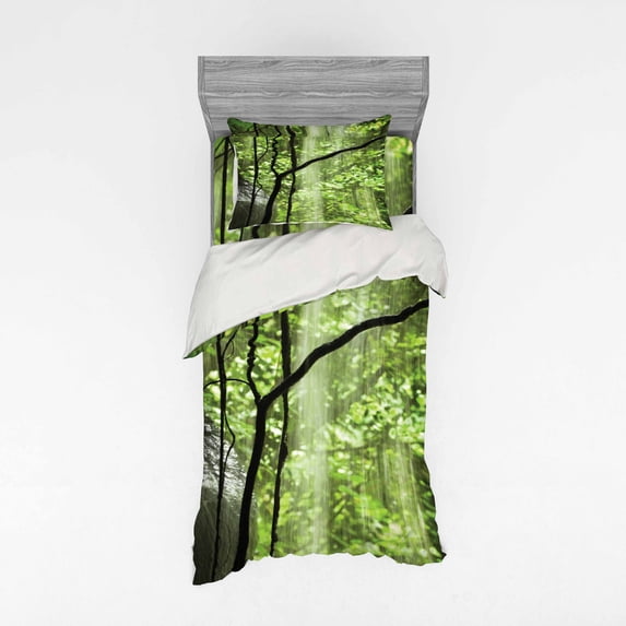 Ambesonne Landscape Bedding Set 3 Pcs, Jungle Waterfall Tree, Twin, Green Brown