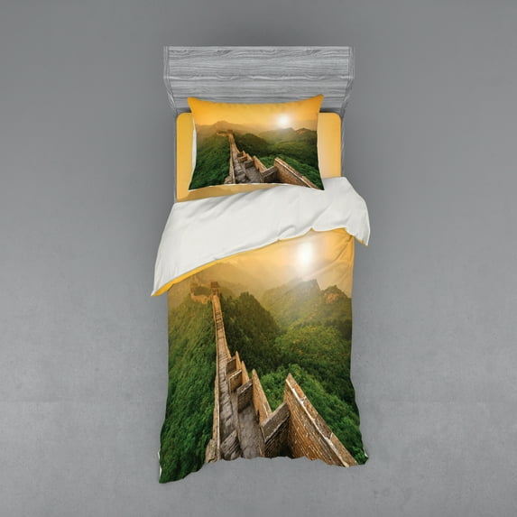 Ambesonne Landscape Bedding Set 3 Pcs, Landscape, Twin, Green Earth Yellow