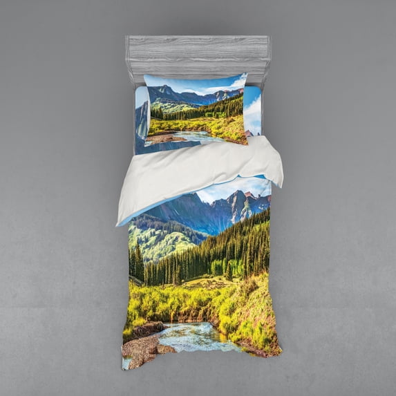 Ambesonne Landscape Bedding Set 3 Pcs, Mountain Forest River, Twin, Multicolor