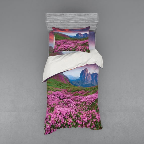 Ambesonne Landscape Bedding Set 3 Pcs, Mountain Village Fall, Twin, Pink Green
