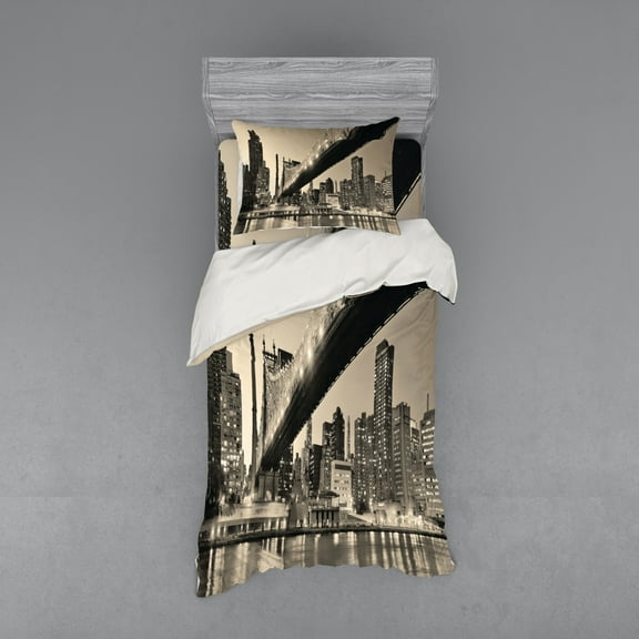 Ambesonne Landscape Bedding Set 3 Pcs, NYC Night Bridge View, Twin XL, Grey Brown
