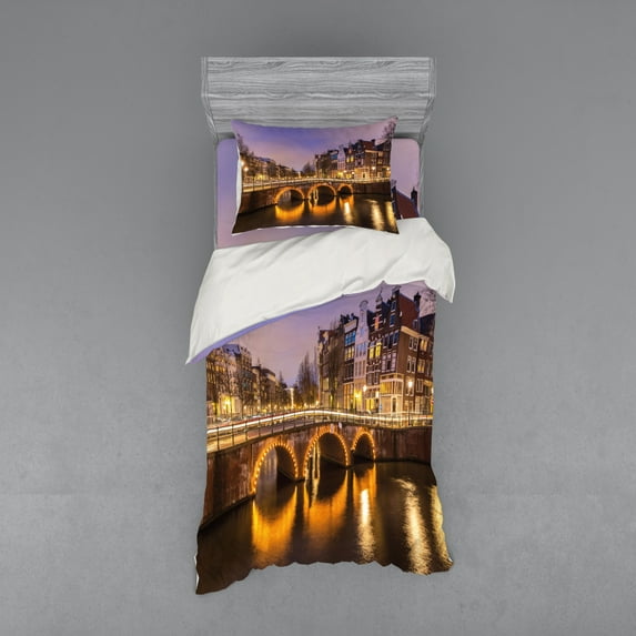 Ambesonne Landscape Bedding Set 3 Pcs, Old Bridge European, Twin XL, Amber Lilac
