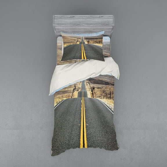 Ambesonne Landscape Bedding Set 3 Pcs, Pacific Coast Road, Twin, Grey