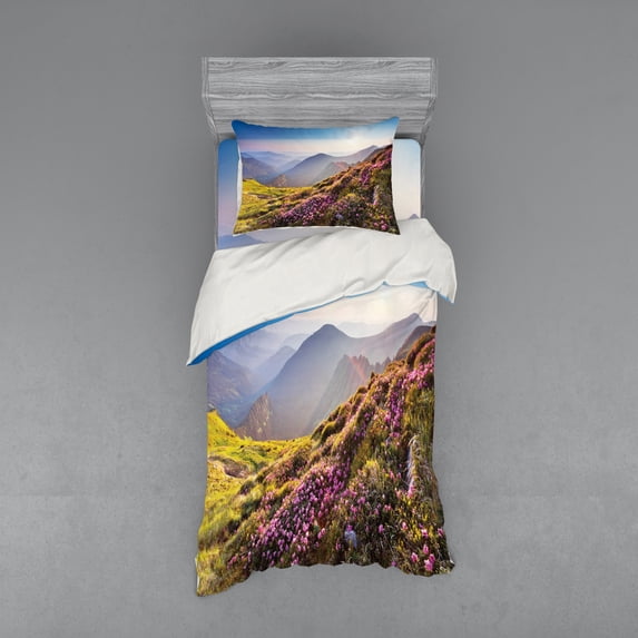 Ambesonne Landscape Bedding Set 3 Pcs, Pink Rhododendron Flowers, Twin, Multicolor