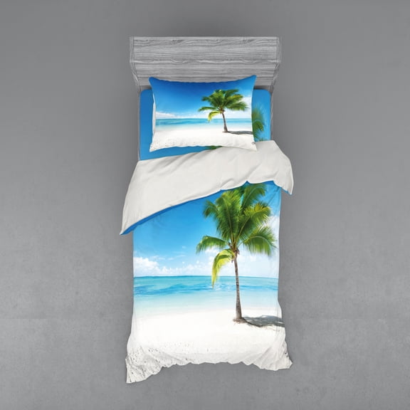 Ambesonne Landscape Bedding Set 3 Pcs, Sea Ocean Palm Trees, Twin, Sky Blue Green and White