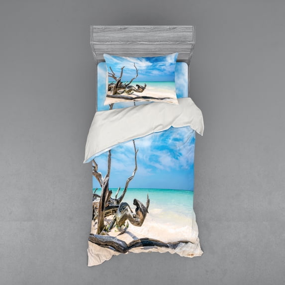Ambesonne Landscape Bedding Set 3 Pcs, Seascape Sandy Beach, Twin XL, Turquoise Sky Blue