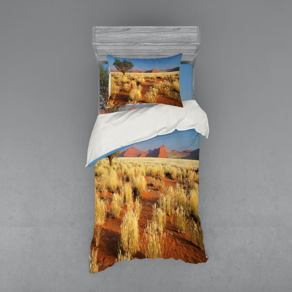 Ambesonne Landscape Bedding Set 3 Pcs, South Africa Desert, Twin XL, Sky Blue and Marigold