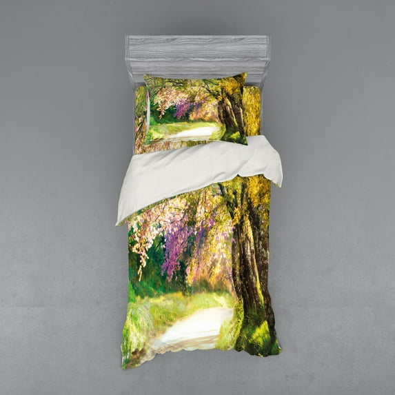 Ambesonne Landscape Bedding Set 3 Pcs, Spring Park Walkway, Twin XL, Multicolor