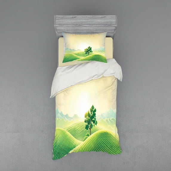 Ambesonne Landscape Bedding Set 3 Pcs, Sunrise on Rural Valley, Twin, Cream Fern Green