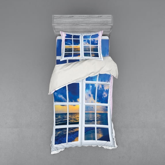 Ambesonne Landscape Bedding Set 3 Pcs, Sunset Sea Scenery, Twin XL, Blue White