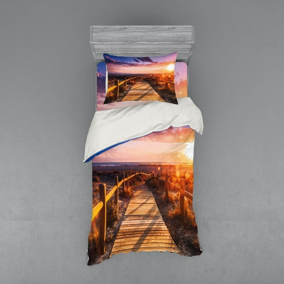 Ambesonne Landscape Bedding Set 3 Pcs, Sunset in Nature Park, Twin XL, Multicolor