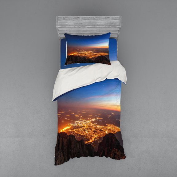 Ambesonne Landscape Bedding Set 3 Pcs, Twilight City, Twin, Brown Orange Blue