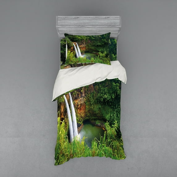 Ambesonne Landscape Bedding Set 3 Pcs, Twin Waterfalls Hawai, Twin, Green