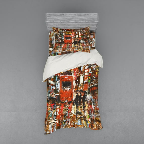 Ambesonne Landscape Bedding Set 3 Pcs, Urban Abstract City, Twin XL, Multicolor