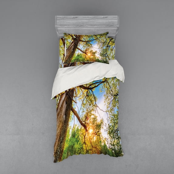 Ambesonne Landscape Bedding Set 3 Pcs, Vibrant Summer Sky, Twin, Green Brown