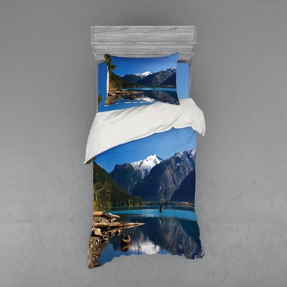Ambesonne Landscape Bedding Set 3 Pcs, Winter Mountain Trees, Twin, Dark Brown White