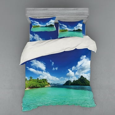Ambesonne Landscape Bedding Set 4 Pcs, Botanic Sea Mountain, Queen, Turquoise Blue Green
