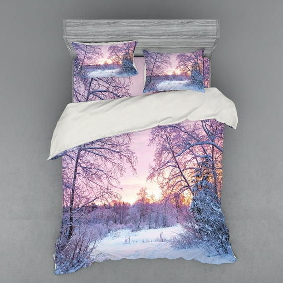 Ambesonne Landscape Bedding Set 4 Pcs, Braches Snowy Sunset, Queen, Lavender Lilac White