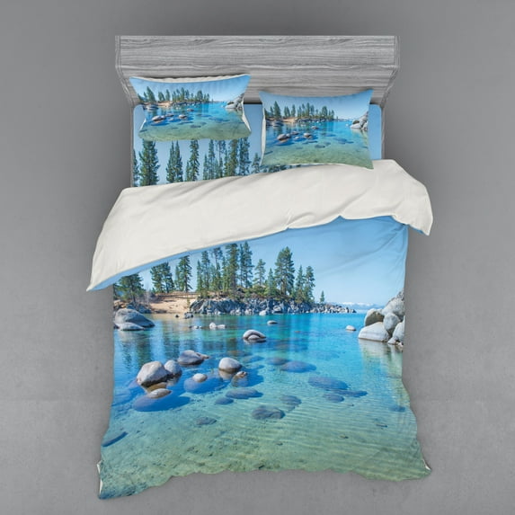 Ambesonne Landscape Bedding Set 4 Pcs, Calm Still Water Rocks, Queen, Blue Grey Green